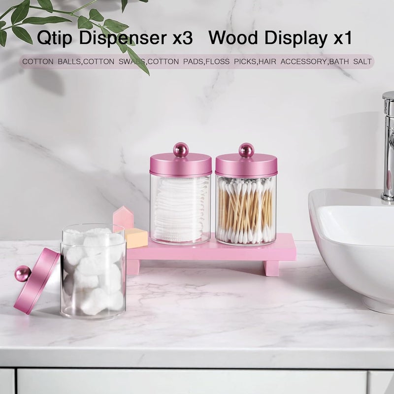 MKOSAB Pink Qtip Holder Bathroom Set - 3 Pack Apothecary Jars with Metal Lids and Vanity Tray.Bathroom Organizers and Storage, Cute Vanity Makeup Organizer, Bathroom Decor Accessories - Image 3